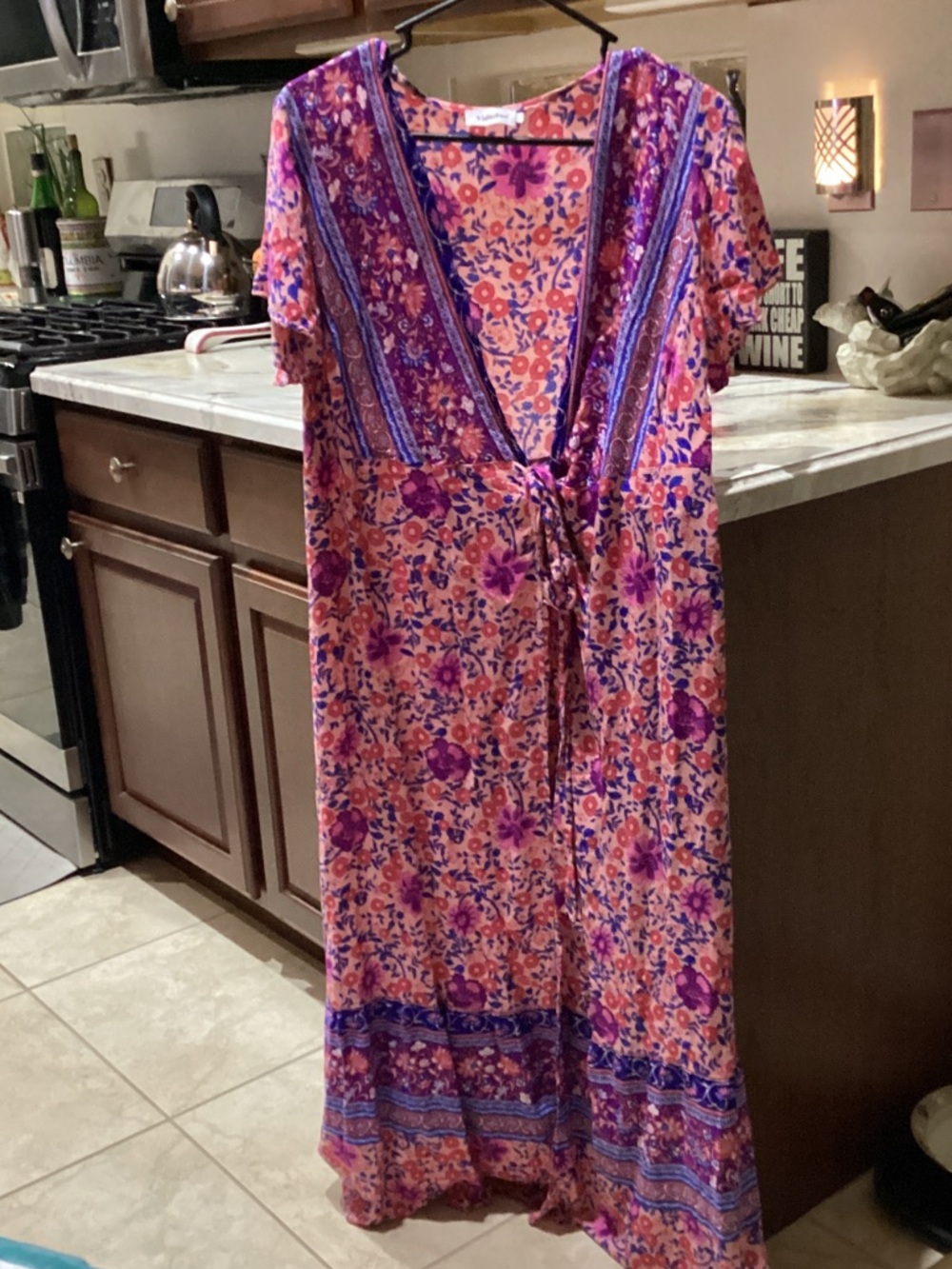Boho Floral V-Neck Tie-Front Beach Cover Up in Pink and Purple
